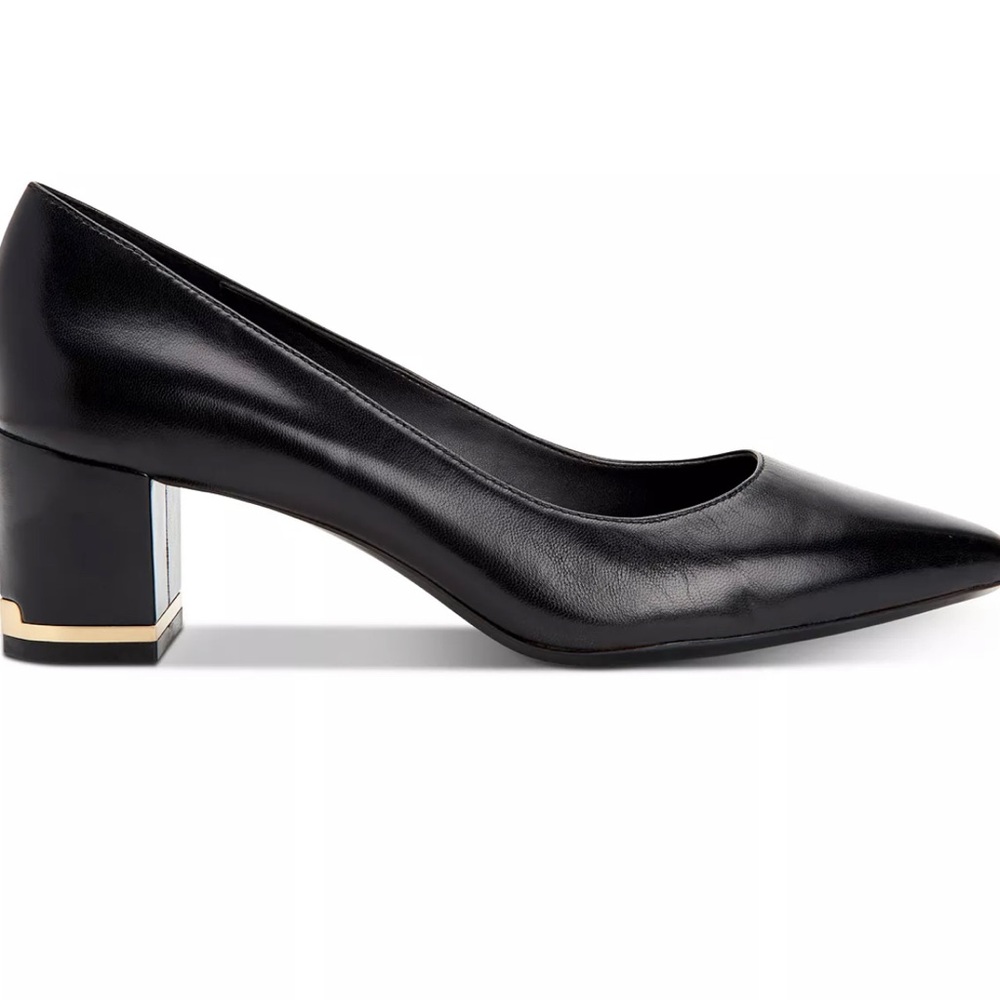 New Black Leather Calvin Klein Pointed Toe Pump with Gold Detail Size 8